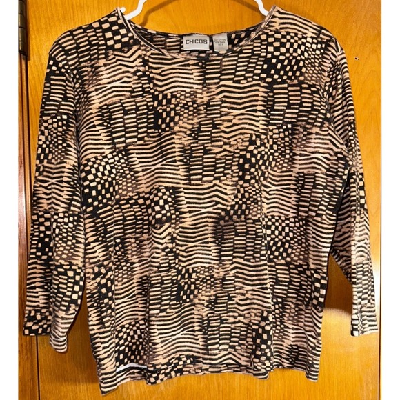 Chico's Tops - Chicos Brown Abstract Geometric Print 3/4 sleeve Cotton Top Sz 2 (L) 100% Cotton